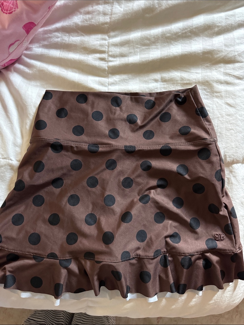 Polka Dot Ruffle swim Skirt in Brown with Black Dots